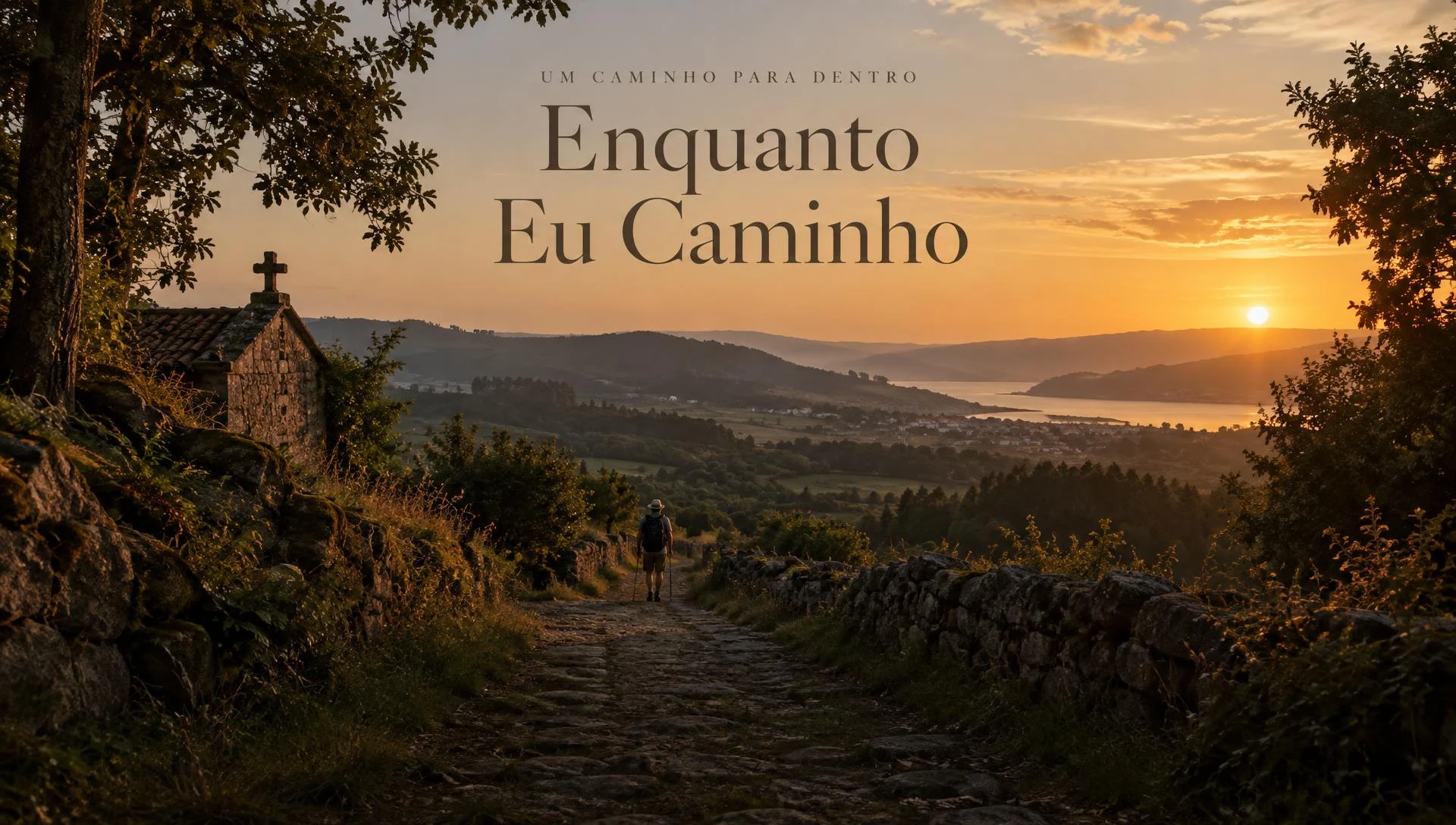 Enquanto Eu Caminho — uma trilha de pedras sob a luz do pôr do sol